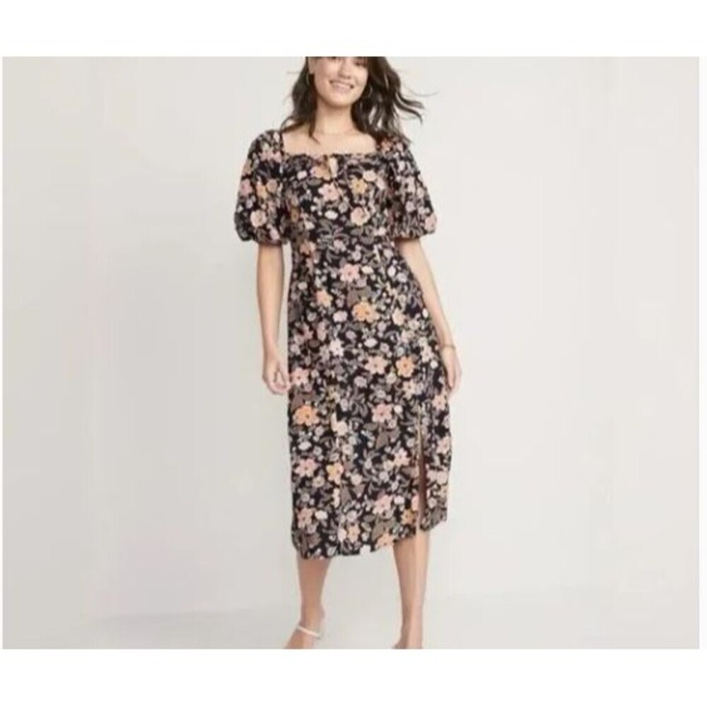 Old Navy Women’s Large Black Floral Midi Dress Square Neck Puff Sleeve Leg Slit